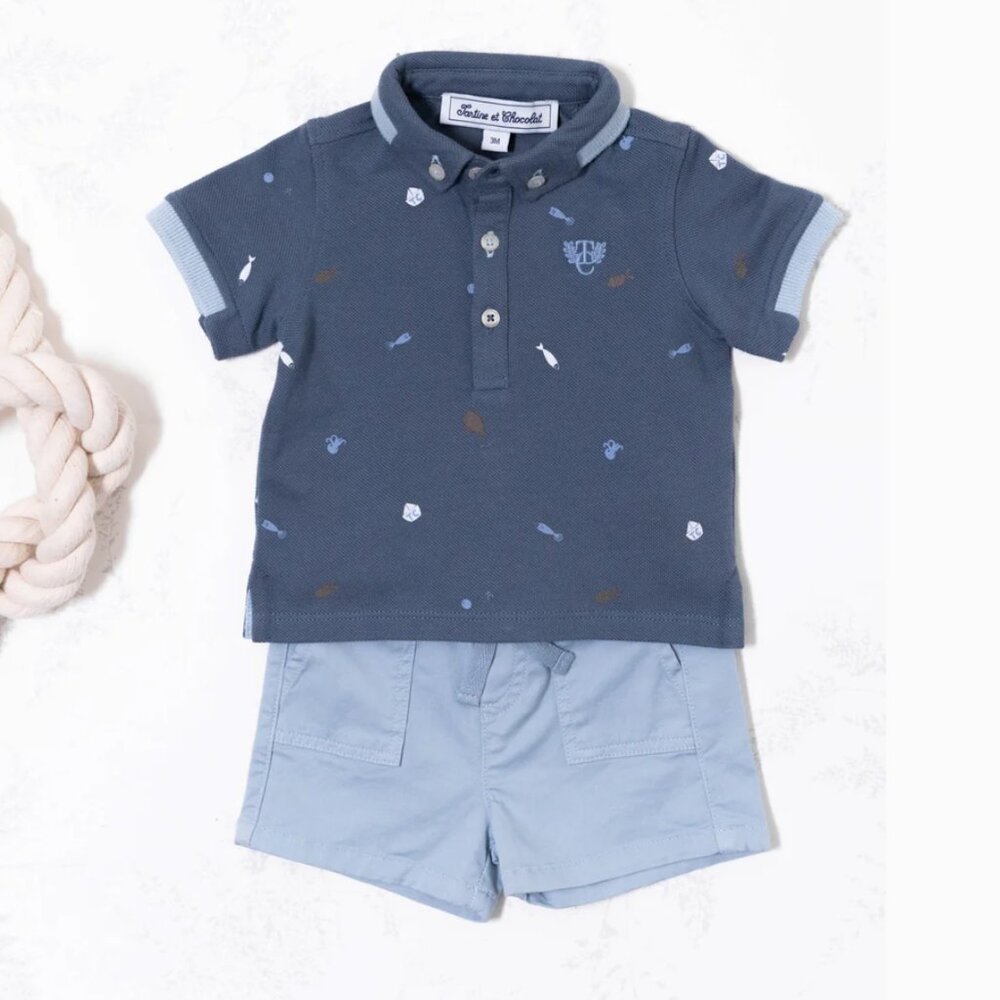 Tartine et Chocolat Polo Petrol Blue Print Piqué Knit Size 1A/12 months